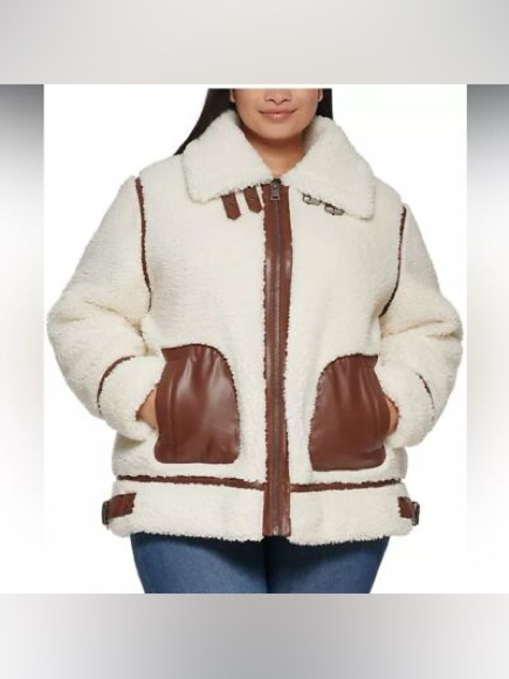 Levi's Cream Sherpa Puffer Jacket with Brown Trim